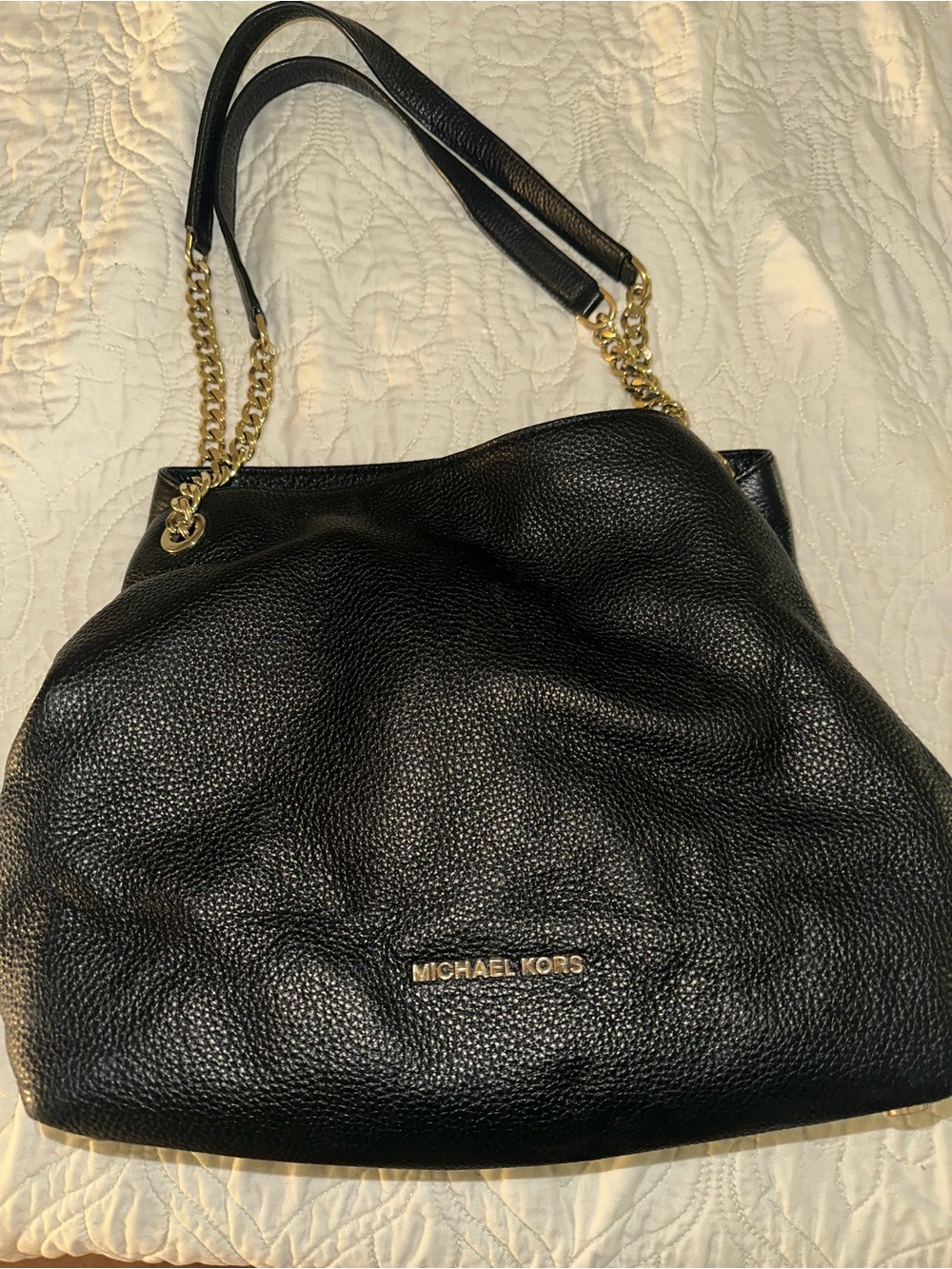 Michael Kors Black Pebbled Leather Shoulder Bag with Gold Hardware